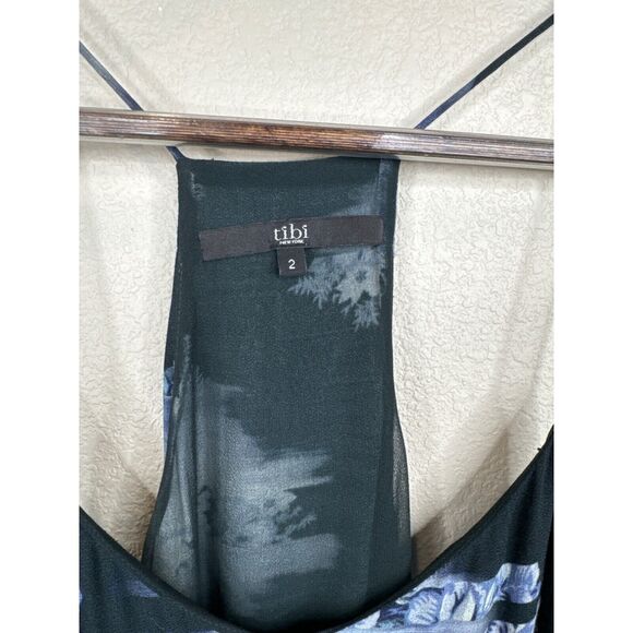 Tibi Womens Floral Midi Dress Size 2‎ 100% Viscose & Silk Black Blue Flowy - Picture 3 of 7